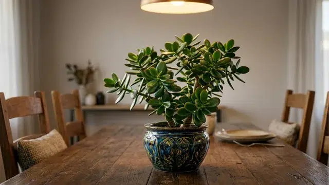 A medium-sized jade plant as a centerpiece on a dining table, warm ambient light.