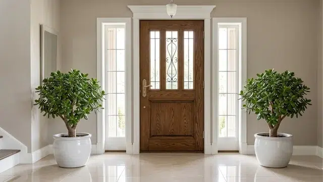 A pair of jade plants in matching ceramic pots flanking an elegant entryway, natural light from sidelights.