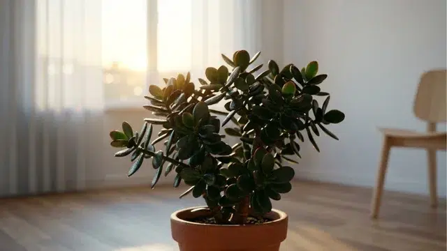 A thriving jade plant in a bright, minimalist living room southeast corner, morning light streaming through sheer curtains, glossy leaves in sharp focus.