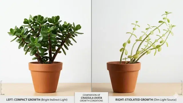 Split-image comparison: healthy compact jade plant in bright light vs. etiolated leggy jade plant in dim corner.