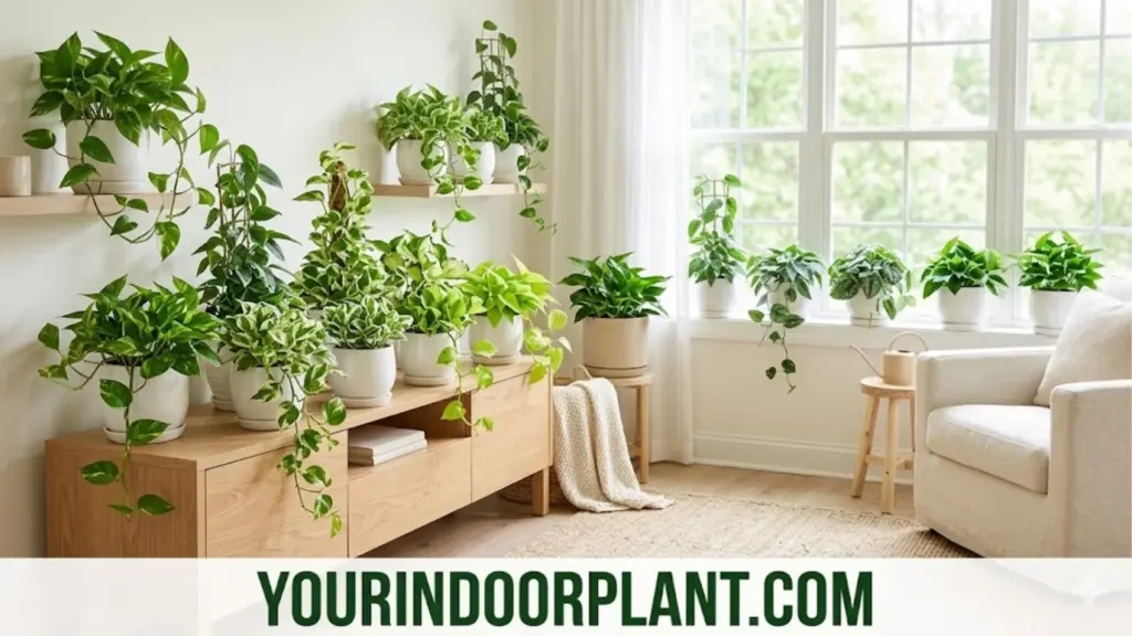 Pothos Care Guide: What Actually Works (Tested in a Real Home) 2 11 pothos varieties together on Liana's shelf