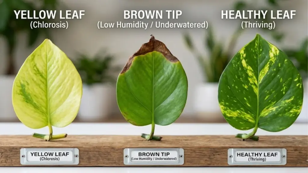 Pothos Care Guide: What Actually Works (Tested in a Real Home) 4 POTHOS yellow leaf vs brown tip vs healthy leaf