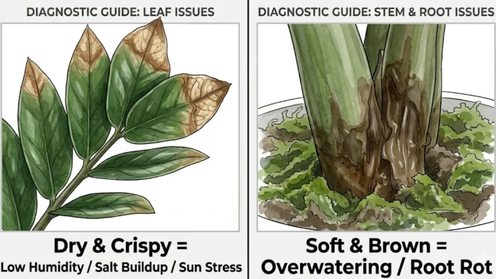 ZZ leaflets vs.  soft mushy brown areas 