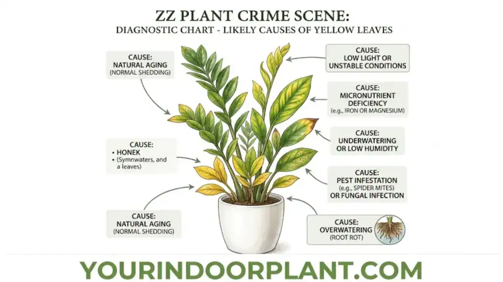 ZZ Plant Yellow Leaves: A Complete Diagnostic & Rescue Guide 2 ZZ plant with arrows pointing to different yellowing patterns