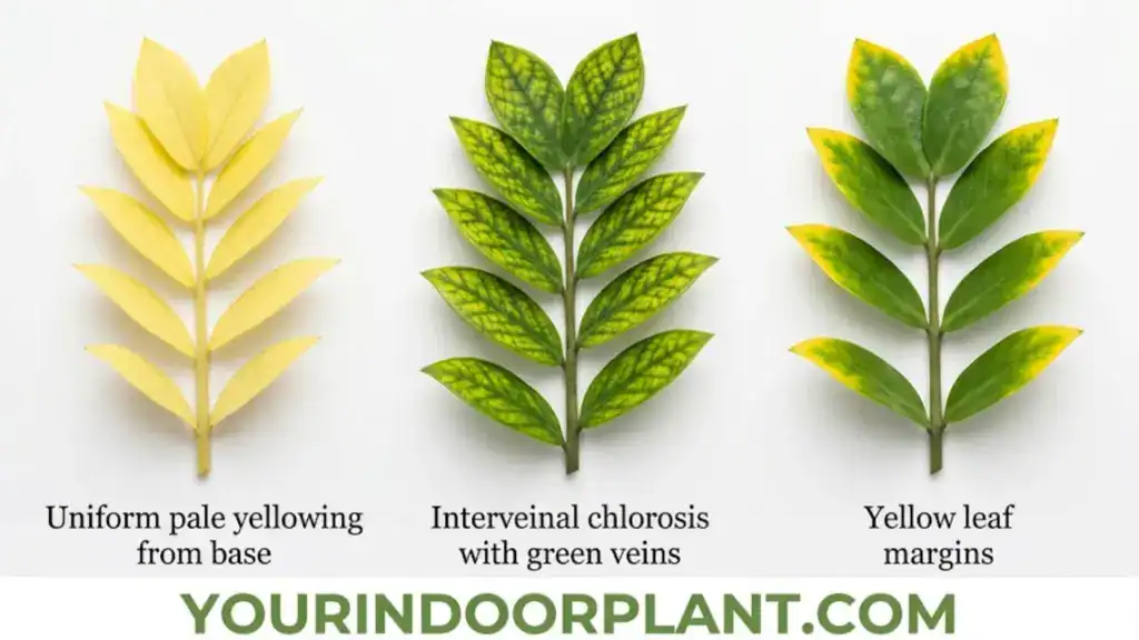 ZZ Plant Yellow Leaves: A Complete Diagnostic & Rescue Guide 4 Three ZZ plant leaves showing distinct yellowing patterns