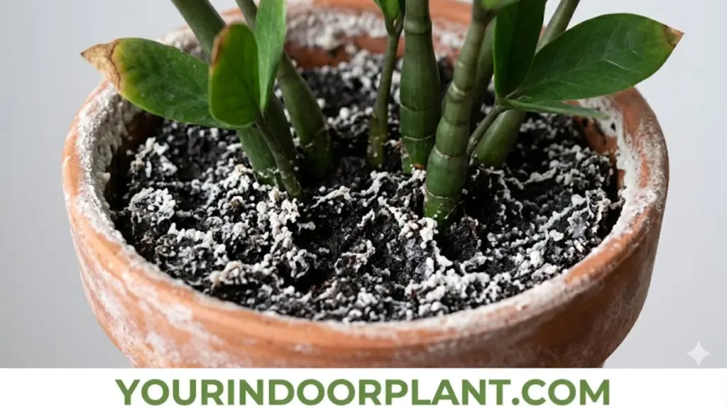 white chalky mineral in terracotta pot housing a ZZ plant