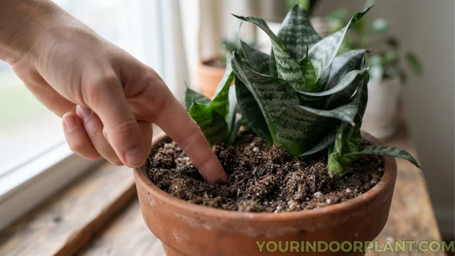 Hand checking soil moisture deep in a snake plant pot while the plant’s curling leaves are visible in the background