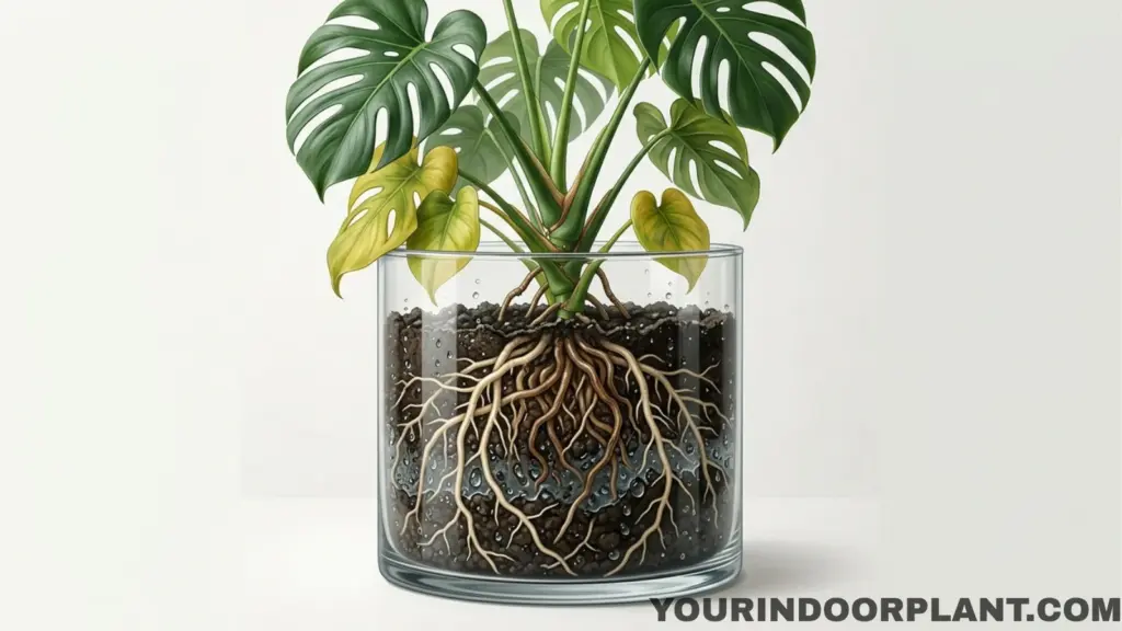 Botanical illustration showing wet soil surrounding stressed Monstera roots and yellowing lower leaves