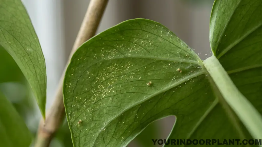 Close-up of Monstera leaf showing yellow stippling and fine webbing from possible spider mite damage