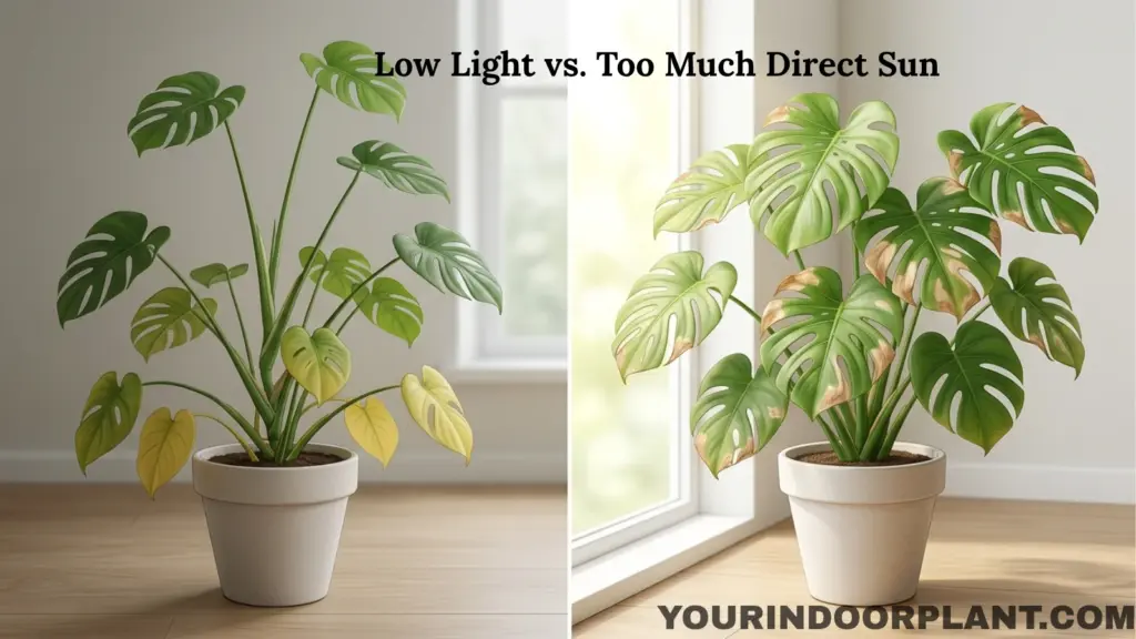Comparison of a leggy low-light Monstera and a Monstera with sun-stressed yellow and brown leaf patches