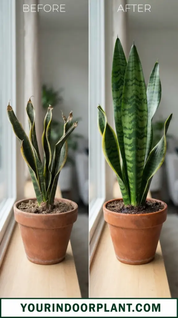 Before and after photo of a snake plant: left side shows curling stressed leaves, right side shows healthier upright new growth after correcting care