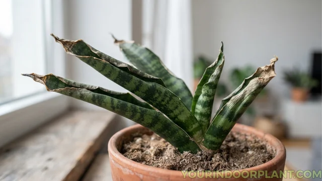 Close-up of snake plant leaves tightly curling inward with dry and wrinkled texture caused by underwatering