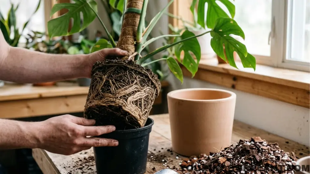 Root-bound Monstera with dense roots circling the root ball beside a slightly larger pot