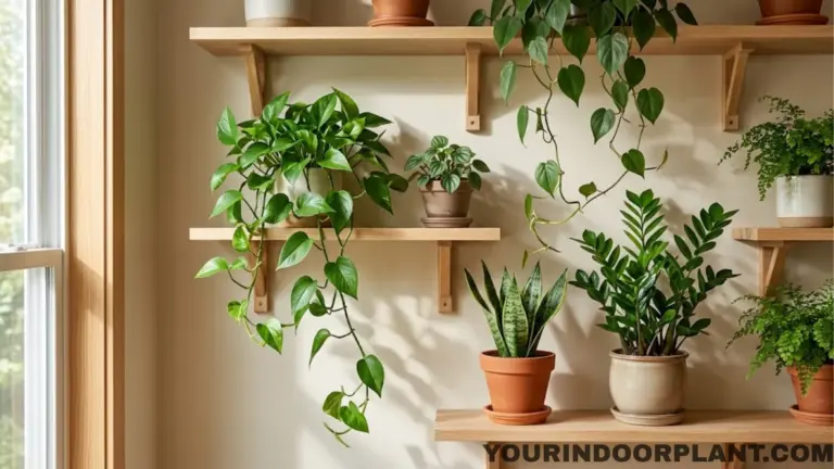 Indoor plant wall shelf display creating a vertical garden